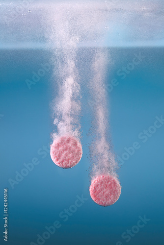 Two pink tablets creating fizzy bubbles as they dissolve against blue