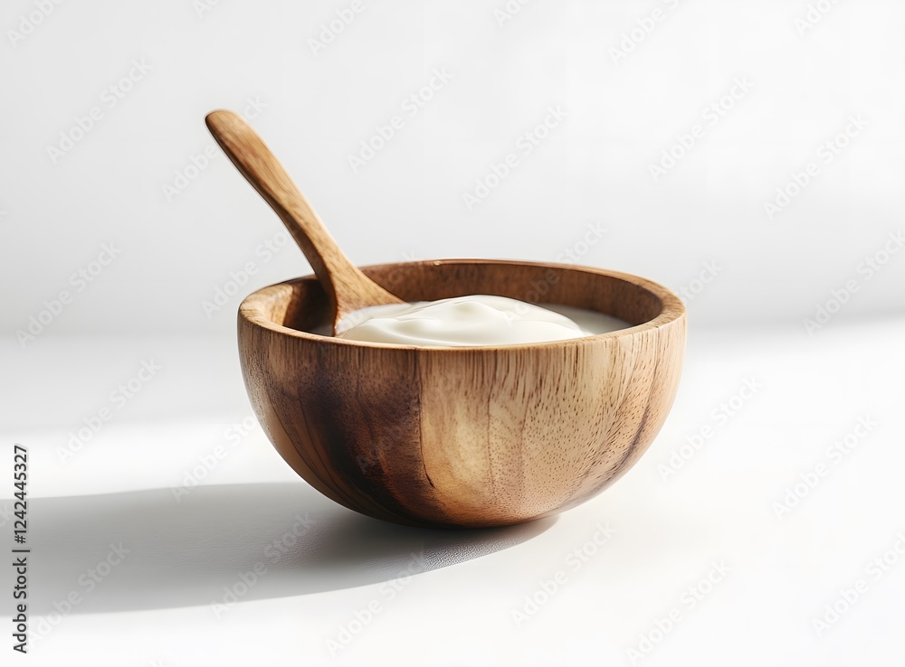 Wooden bowl of creamy yogurt with wooden spoon Wooden bowl of creamy yogurt with wooden spoon