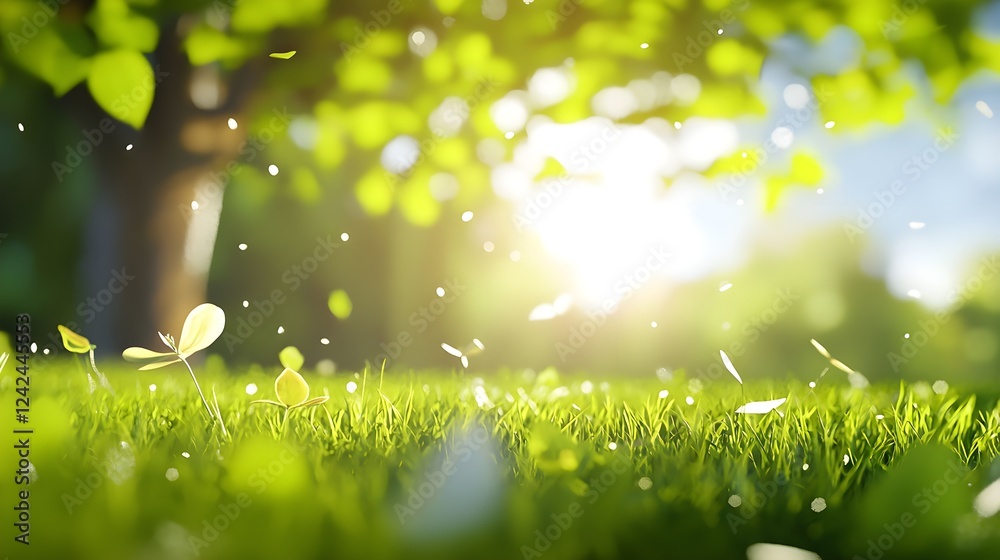 Fototapeta premium Bright Sunlight Illuminates Lush Green Grass and Falling Leaves