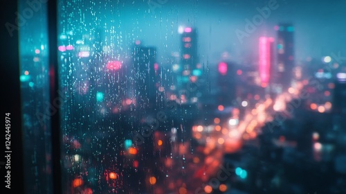 16.A rainy city night framed by a window, sharp focus on the glistening droplets while the urban skyline, roads, and colorful bokeh lights remain soft and hazy.