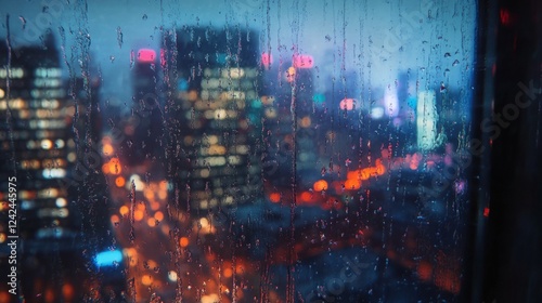 16.A rainy city night framed by a window, sharp focus on the glistening droplets while the urban skyline, roads, and colorful bokeh lights remain soft and hazy.