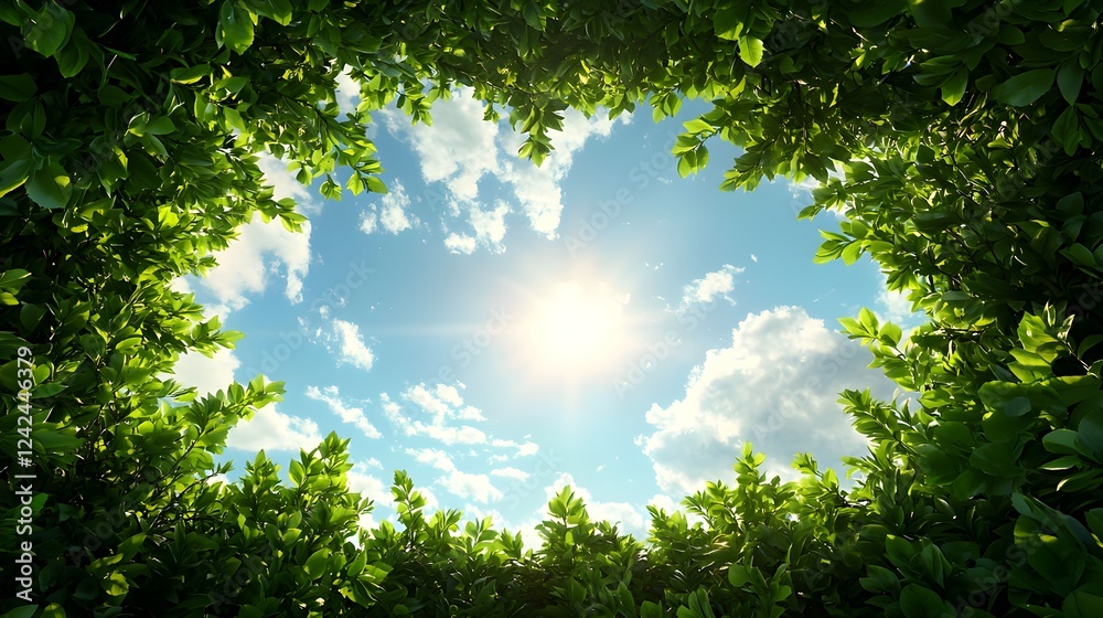 Bright Sunny Day Sky View Through Lush Green Leaves Bright Sunny Day Sky View Through Lush Green Leaves