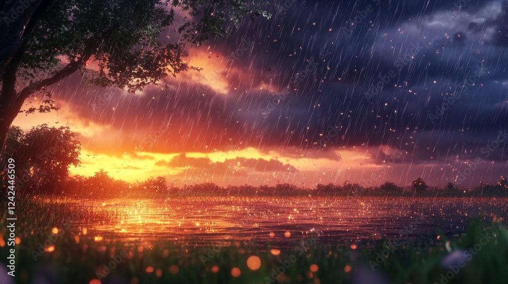 Obraz premium 24.A serene yet stormy nature scene of heavy rain falling from layered clouds, the horizon glowing faintly as the storm recedes.