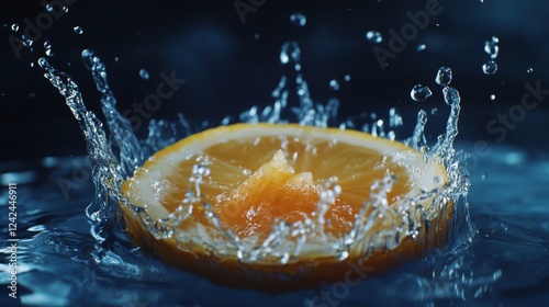 30.High-speed capture of a lemon slice plunging into water, a burst of crystal-clear droplets spreading outward against a deep blue background.