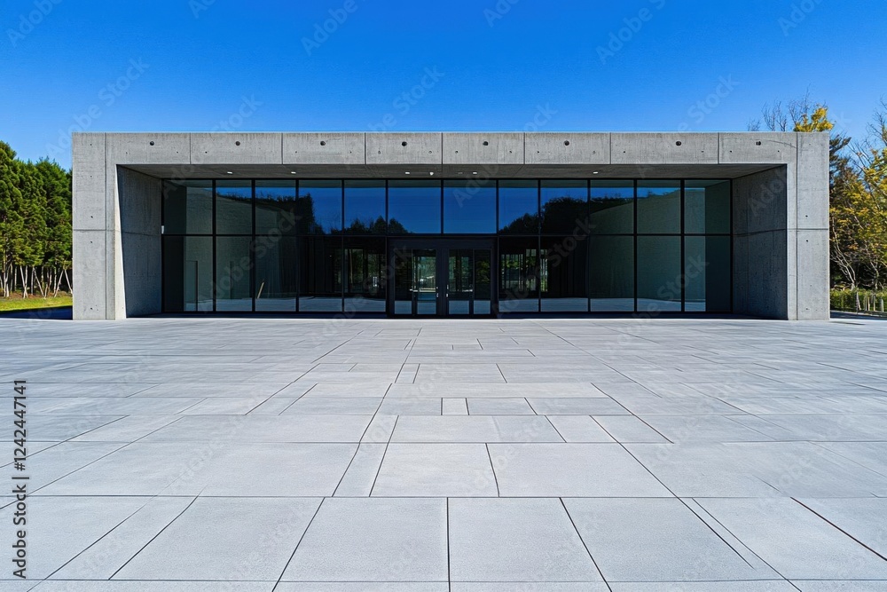 Naklejka premium Modern Building Stands Tall with Concrete and Glass Exterior, Reflecting Blue Sky and Minimalist Design.