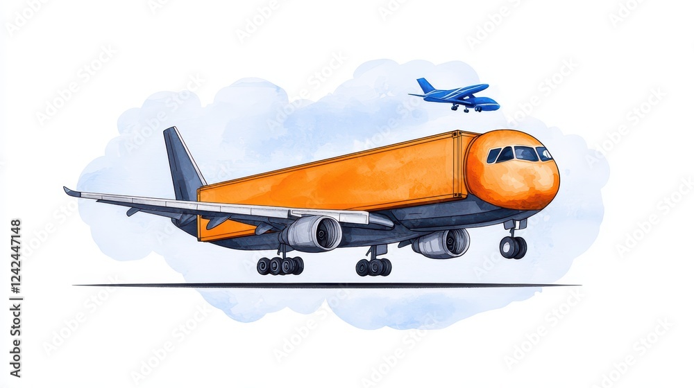 Orange Cargo Airplane Flying Above a Blue Sky with Smaller Plane Orange Cargo Airplane Flying Above a Blue Sky with Smaller Plane