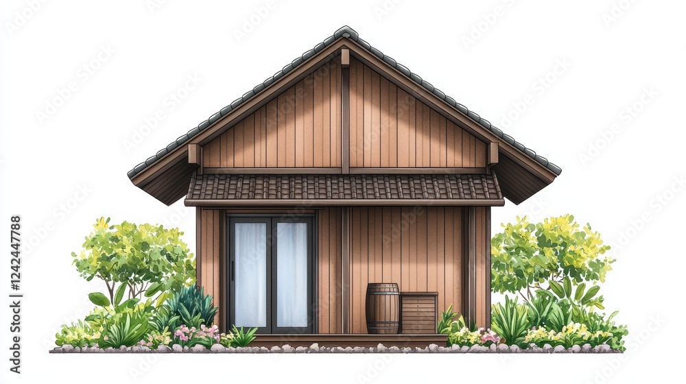Cozy Wooden House Surrounded by Lush Greenery and Flowers Cozy Wooden House Surrounded by Lush Greenery and Flowers