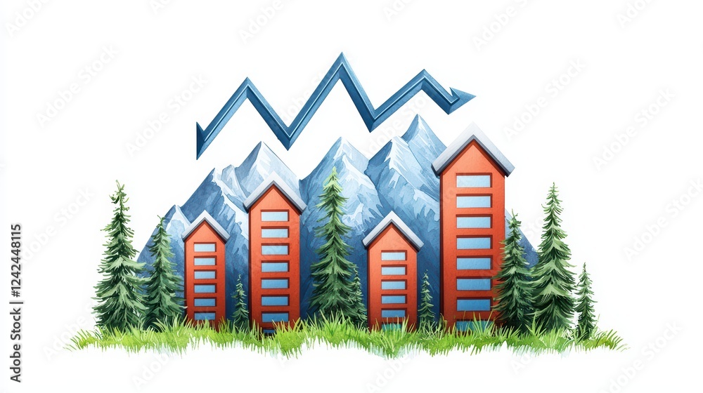 Mountain Landscape with Rising Graph and Colorful Houses Illustration Mountain Landscape with Rising Graph and Colorful Houses Illustration