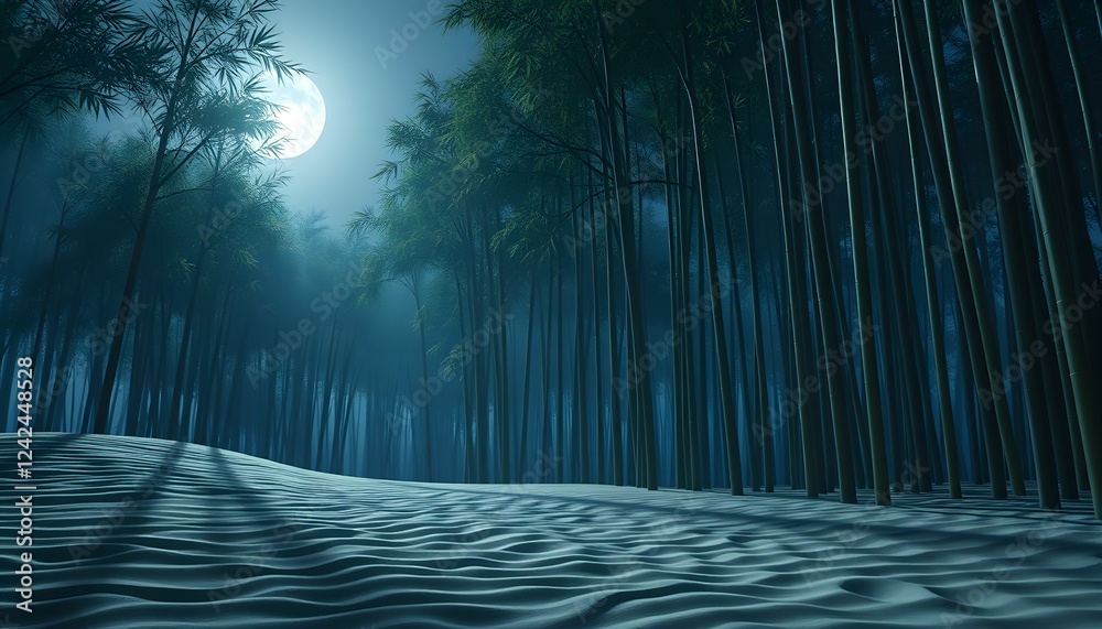 Naklejka premium Enchanted Bamboo Forest Under Moonlight: A Serene Night Scene