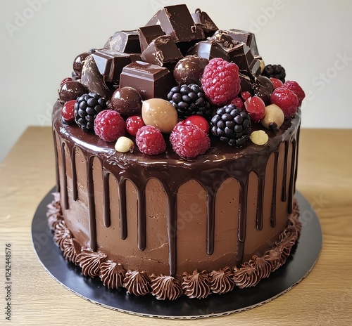 Delicious Chocolate Cake Topped With Berries and Chocolate Pieces photo