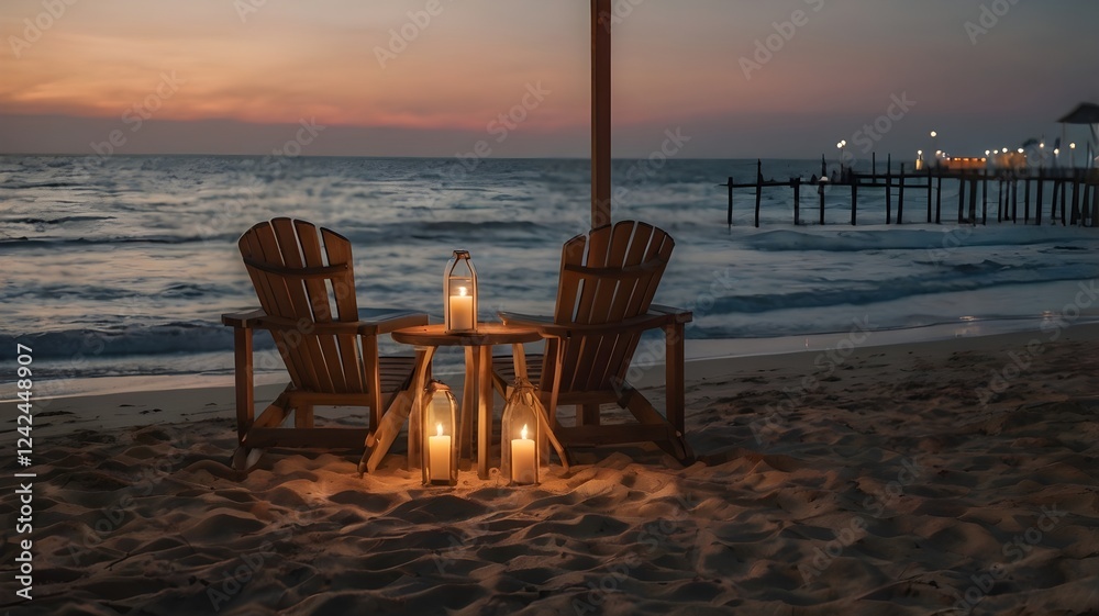 Romantic evening on beach side tow chair and table set for couple. valentine's day concept. Romantic evening on beach side tow chair and table set for couple. valentine's day concept.