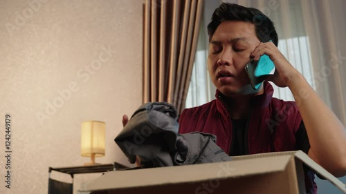 Upset man argues on phone about wrong product delivery. Frustrated customer complains to online seller about shipping issues. Customer service, shipping problem, angry buyer, online shopping, delivery