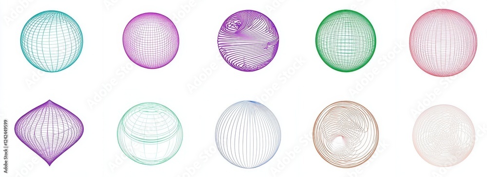 Fototapeta premium Colorful Wireframe Spheres and Shapes on a White Background