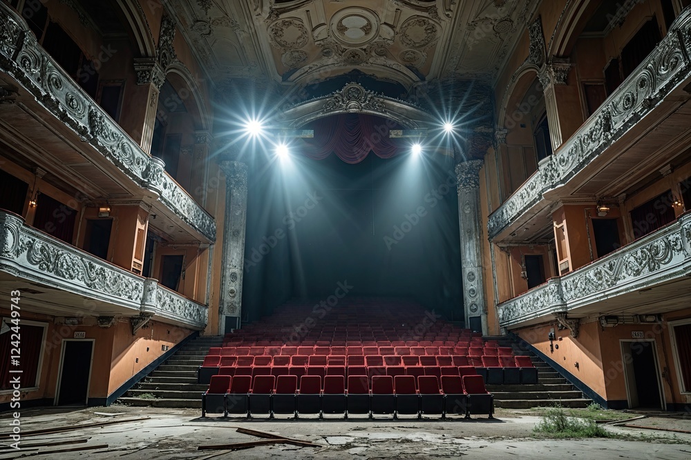 Obraz premium Grand Abandoned Theatre Interior Bathed in Spotlight with Exquisite Silver Detailing