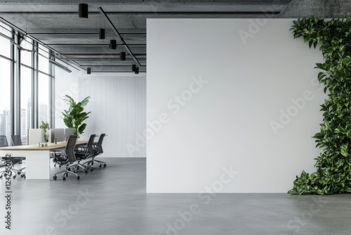 Modern office, blank wall, city view, plants, presentation