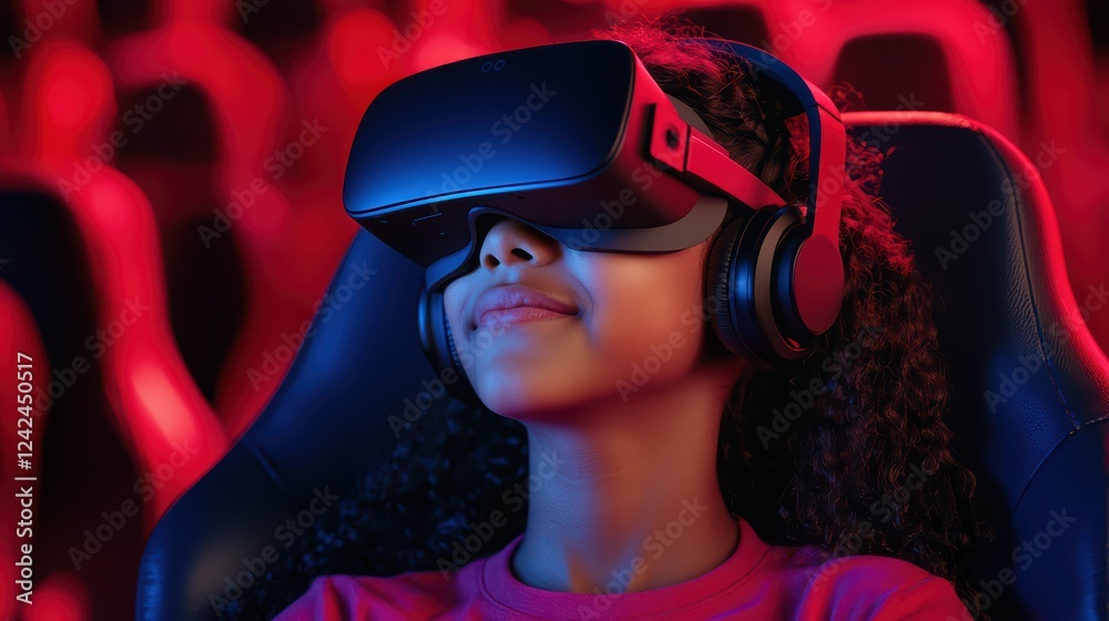 Young Girl Enjoys Immersive Virtual Reality Experience in Gaming Room