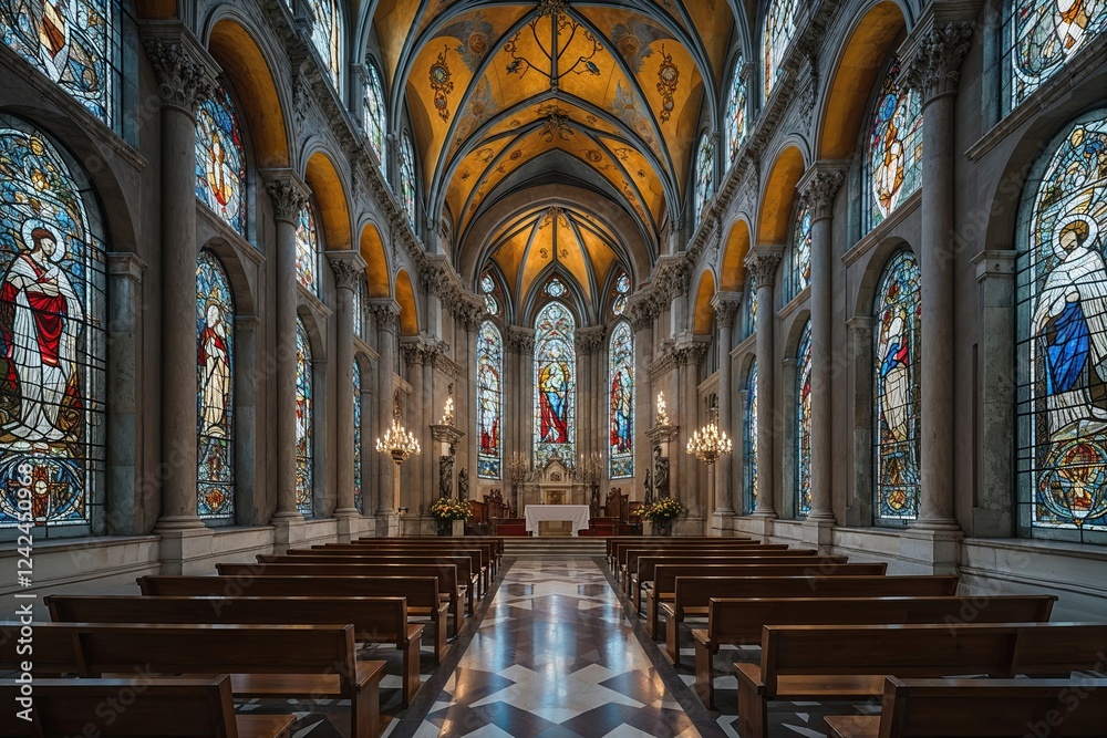 Fototapeta premium Stained Glass Masterpieces in Milan's Historic Chapels of Faith