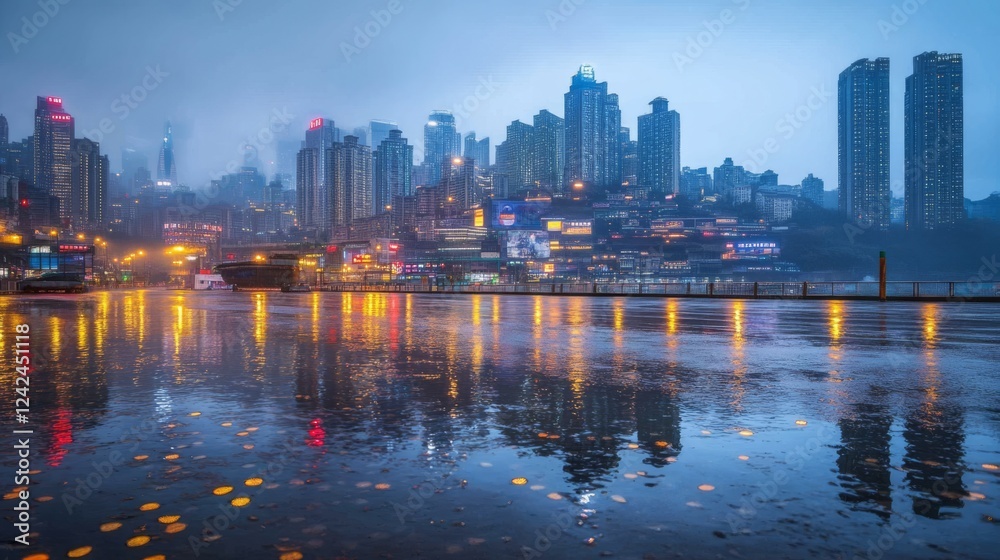 Fototapeta premium 65.Nighttime cityscape of Chongqing with a rain-soaked road, its surface mirroring the dazzling light patterns from futuristic skyscrapers and urban activity.
