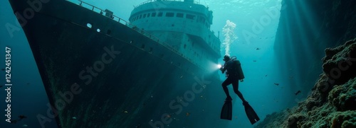 Deep in the ocean banner, a scuba diver investigates shipwreck, its rusted structure covered in coral. Beams of light reveal hidden details and ghostly past of wreck. Underwater adventure and diving. photo