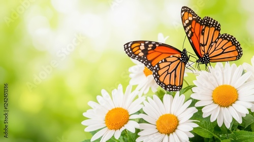 Beautiful Monarch Butterflies on White Daisies with Soft Background
