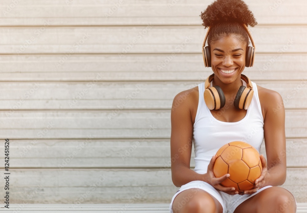 Young Woman Enjoying Music While Holding Soccer Ball in Summer Sun Young Woman Enjoying Music While Holding Soccer Ball in Summer Sun