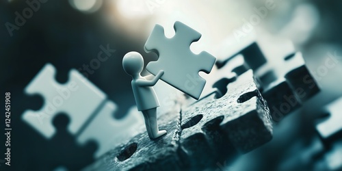 The Final Piece: A 3D-rendered figure meticulously places the final puzzle piece, completing the intricate puzzle.  The image symbolizes problem-solving, completion.
