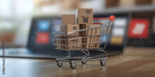 Online Shopping Cart: Miniature shopping cart filled with small cardboard boxes sits on a wooden surface in front of a blurred laptop, symbolizing online shopping and e-commerce. 