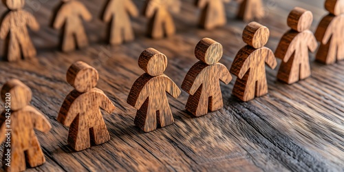 Wooden Figures in Line: Rows of small, intricately carved wooden human figures stand shoulder-to-shoulder on a rustic, dark brown wooden surface, creating a compelling visual metaphor for community.