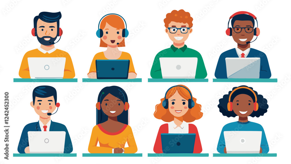 Set of customer service operators wearing headsets talking with clients, postures and poses in flat style illustration collection, business people icon set Set of customer service operators wearing headsets talking with clients, postures and poses in flat style illustration collection, business people icon set