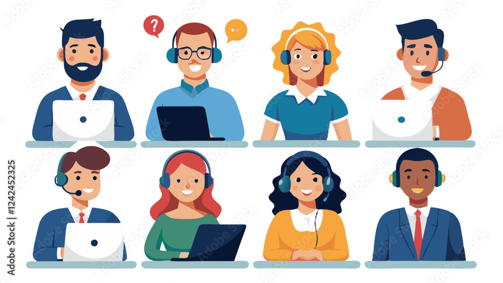 Set of customer service operators wearing headsets talking with clients, postures and poses in flat style illustration collection, set of business people Set of customer service operators wearing headsets talking with clients, postures and poses in flat style illustration collection, set of business people