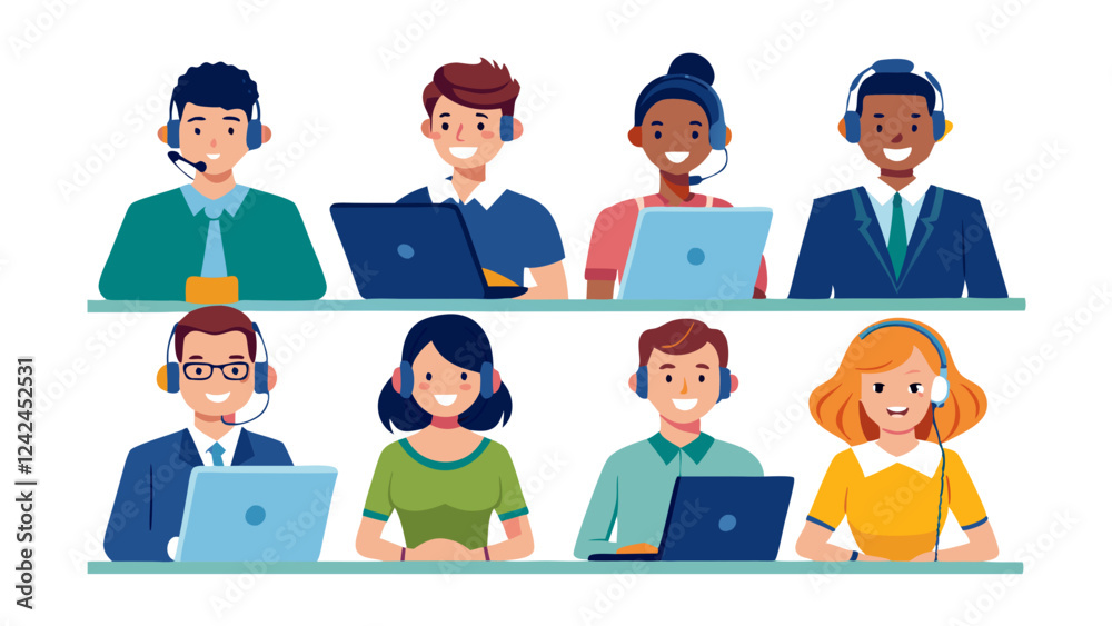 Set of customer service operators wearing headsets talking with clients, postures and poses in flat style illustration collection, set of business people Set of customer service operators wearing headsets talking with clients, postures and poses in flat style illustration collection, set of business people