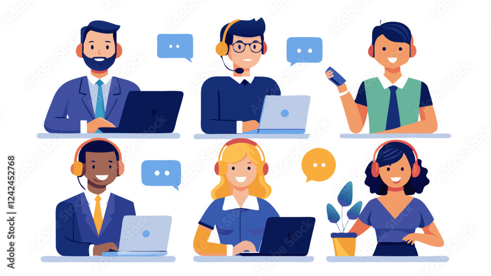 Set of customer service operators wearing headsets talking with clients, postures and poses in flat style illustration collection, business people icon set Set of customer service operators wearing headsets talking with clients, postures and poses in flat style illustration collection, business people icon set