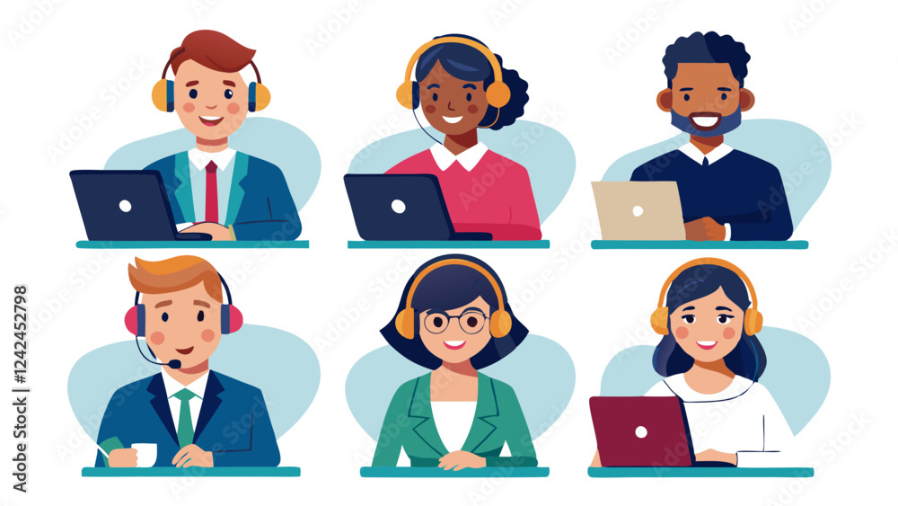 Set of customer service operators wearing headsets talking with clients, postures and poses in flat style illustration collection, set of business people Set of customer service operators wearing headsets talking with clients, postures and poses in flat style illustration collection, set of business people