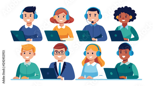 Set of customer service operators wearing headsets talking with clients, postures and poses in flat style illustration collection, set of business people