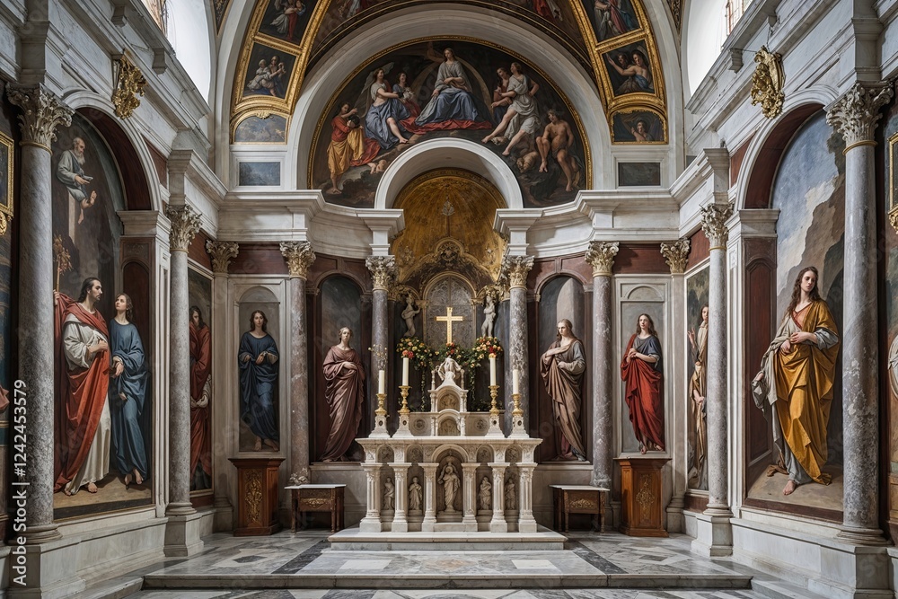 Fototapeta premium Baroque Mural Art in San Ambrogio Church Genoa Italy Celebrating Faith and Spirituality
