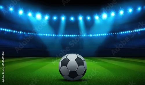 Soccer Ball in Stadium with Bright Lights and Green Grass Field