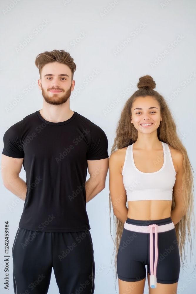 Fitness instructor and client smiling together, excited and ready to begin their training session in a vibrant gym environment Fitness instructor and client smiling together, excited and ready to begin their training session in a vibrant gym environment