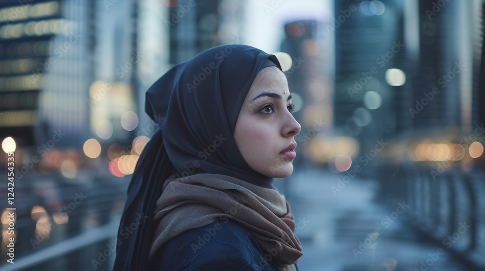 Woman in hijab symbolizes courage and diversity in urban setting Woman in hijab symbolizes courage and diversity in urban setting