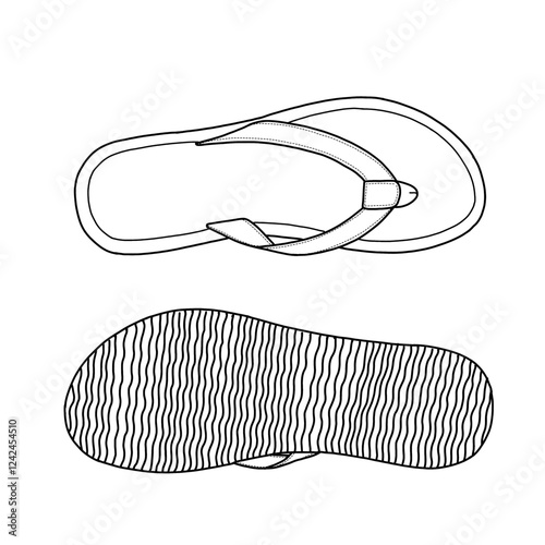 Technical sketch of women's flip flops comfortable, sandals flat, indoor and outdoor sandals vector line art. Top and bottom view. Isolated on a white background.