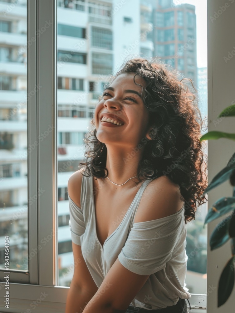 Woman Smiling While Looking Out the Window in a Bright Room Woman Smiling While Looking Out the Window in a Bright Room