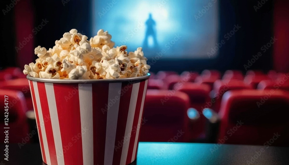 Fresh Popcorn in Movie Theater with Screen in Background Fresh Popcorn in Movie Theater with Screen in Background