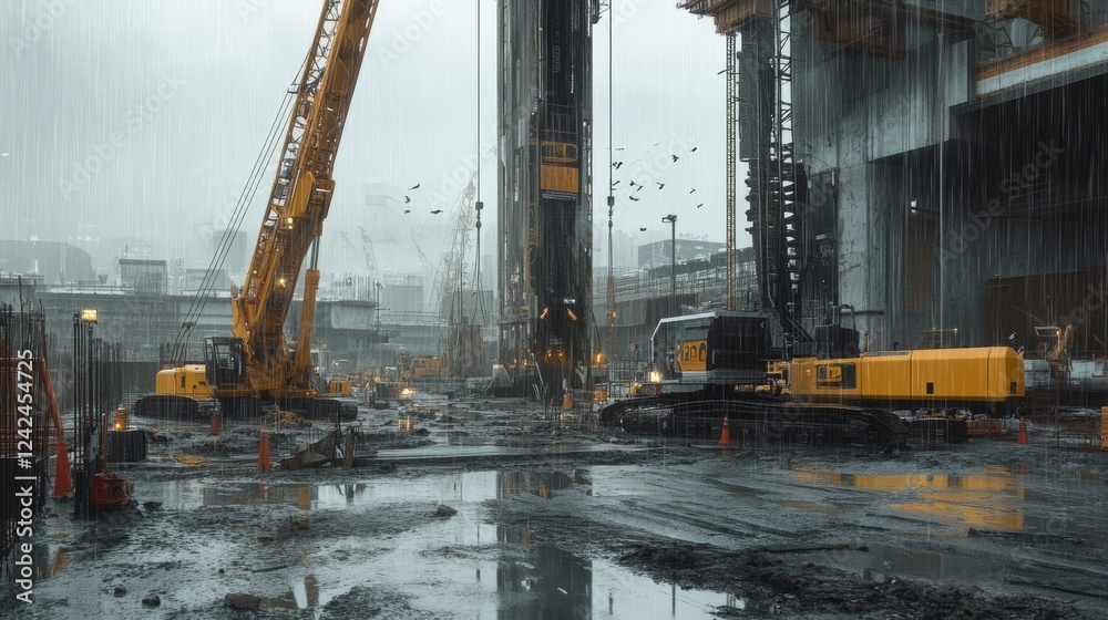 102.A rain-soaked construction site with towering equipment and unfinished buildings, puddles reflecting gray skies and rain streaking dramatically through the air. 102.A rain-soaked construction site with towering equipment and unfinished buildings, puddles reflecting gray skies and rain streaking dramatically through the air.