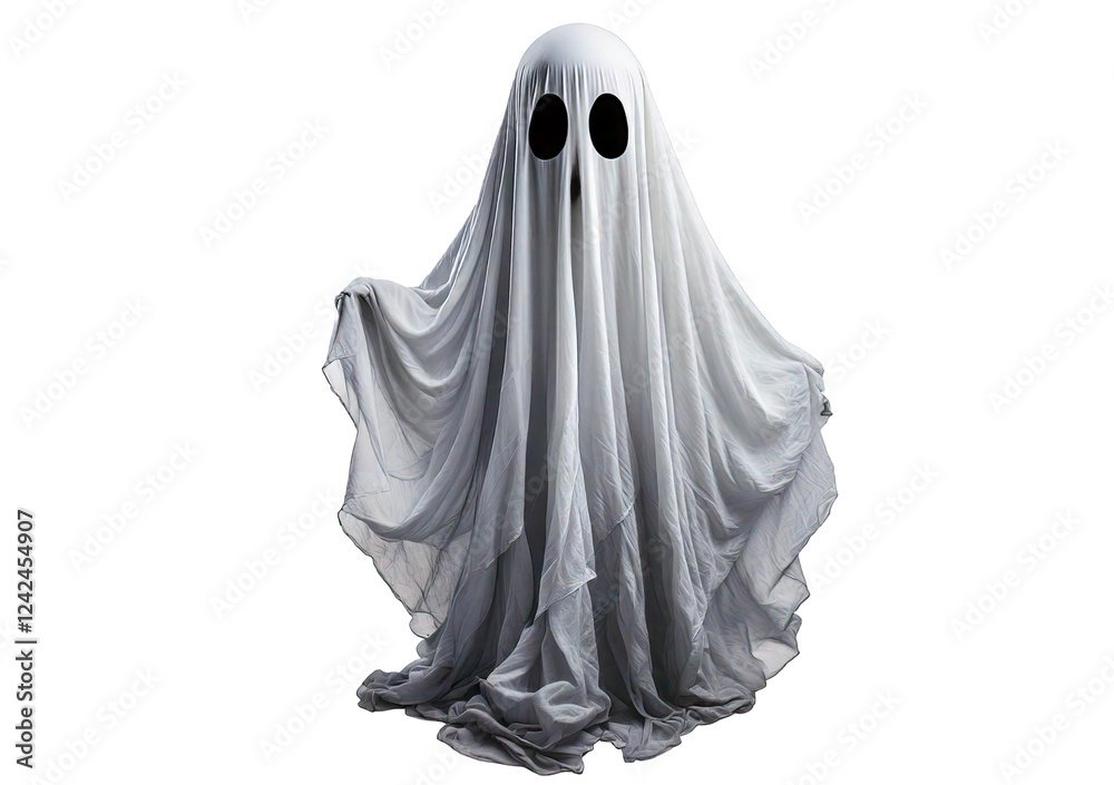 White ghost with black eyes isolated on transparent or white background