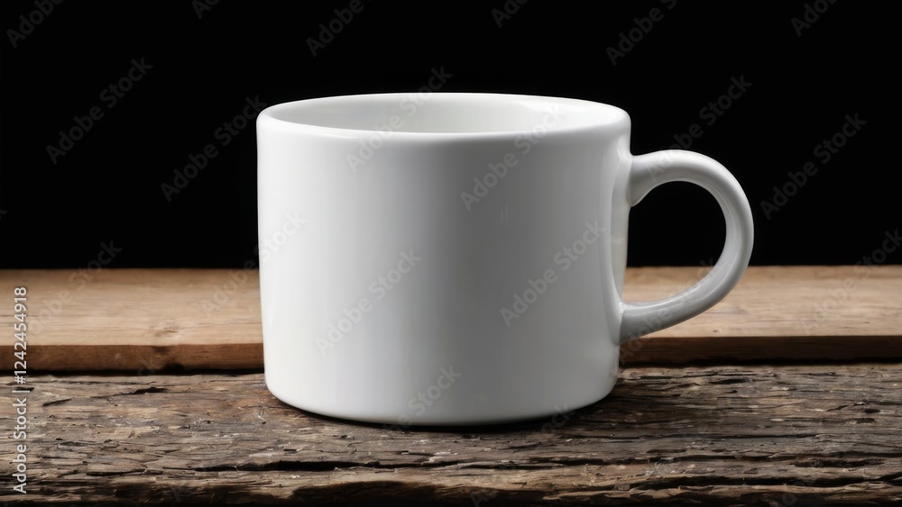 White Ceramic Mug on Weathered Wooden Surface with Black Background, Empty Mug Centered in Frame Elevated View White Ceramic Mug on Weathered Wooden Surface with Black Background, Empty Mug Centered in Frame Elevated View