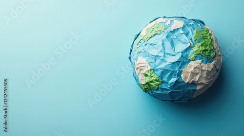 Fototapeta Naklejka Na Ścianę i Meble -  Colorful Paper Globe Crafted from Recycled Materials on a Blue Background, Perfect for Educational and Creative Projects, Isolated with Attention to Detail