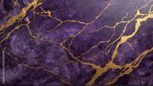 Marble surface with deep purple and gold veins, creating a luxurious and textured pattern evoking depth and dimension.