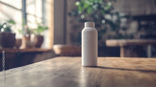 Wallpaper Mural Minimalistic White Insulated Water Bottle on Wooden Table, Emphasizing Practicality and Style Torontodigital.ca