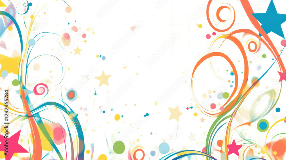 Colorful abstract design featuring geometric shapes, swirls, and stars, creating vibrant and playful atmosphere. Perfect for backgrounds or festive themes Colorful abstract design featuring geometric shapes, swirls, and stars, creating vibrant and playful atmosphere. Perfect for backgrounds or festive themes