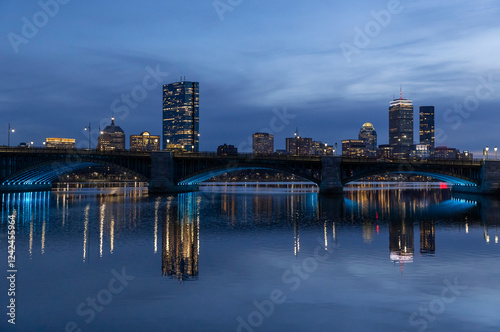 Boston Back Bay Skyline Night on Charles River Bridge