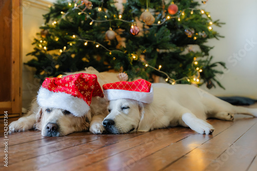 A pair of golden retrievers lay in front of a Christmas tree photo